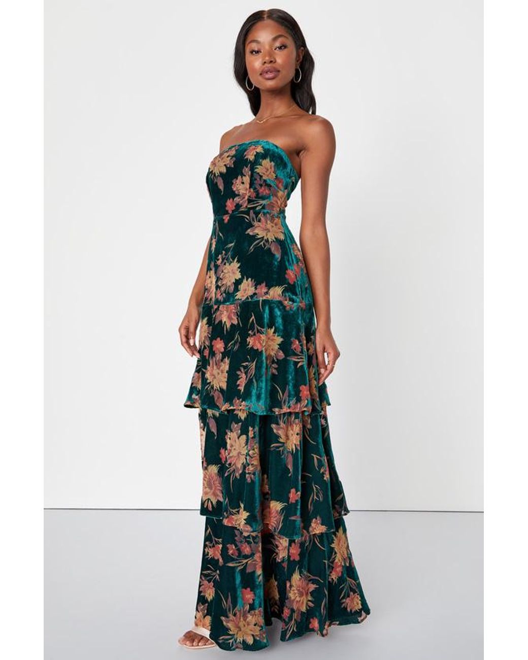 Lulus Real Allure Emerald Floral Burnout Velvet Strapless Maxi Dress in  Blue | Lyst