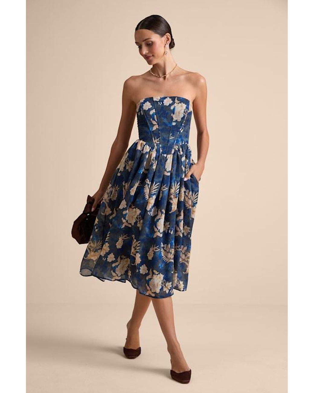 Lulus Blue Eulalia Floral Lace-Up Strapless Bustier Midi Dress