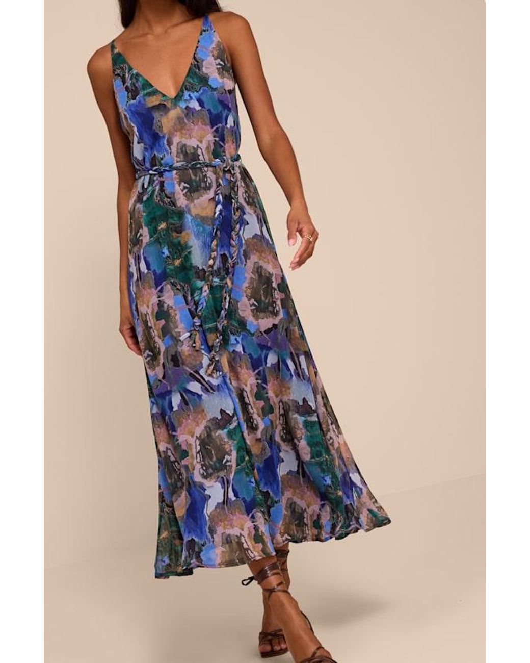 Lulus Blue Denay Multi Floral V-Neck Midi Dress