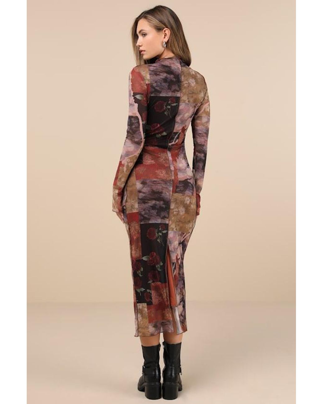 Lulus Natural Aesthetic Adoration Multi Floral Mesh Long Sleeve Midi Dress
