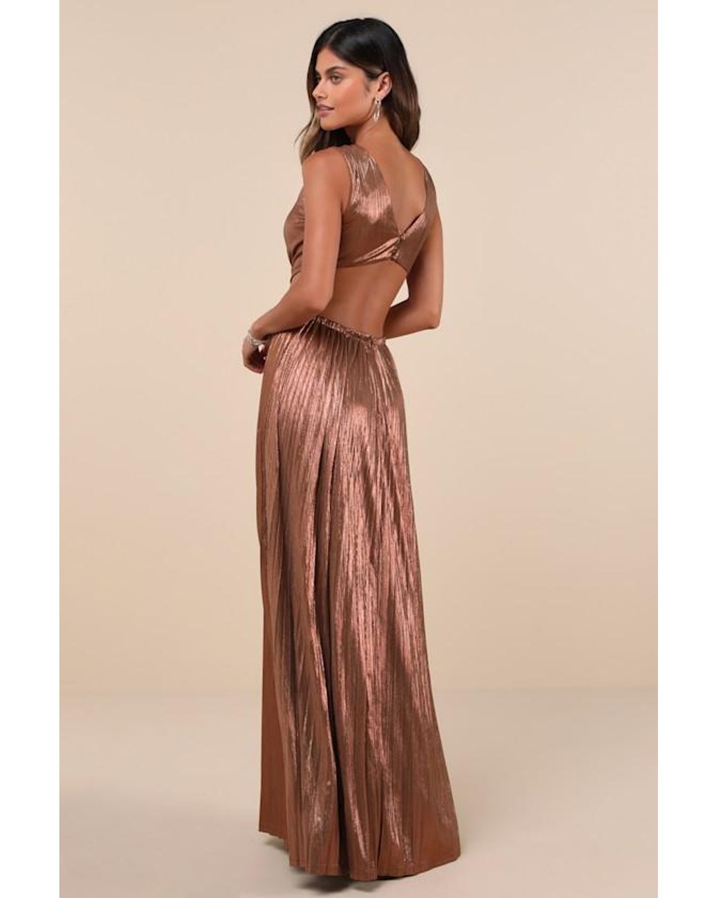 Lulus Shining Luxury Bronze Metallic Lurex Cutout Maxi Dress in Brown | Lyst
