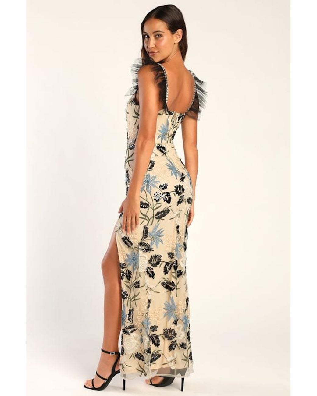 show stopper cream embroidered sequin bodycon midi dress Lulus Maxi in Natural 100% Cotton