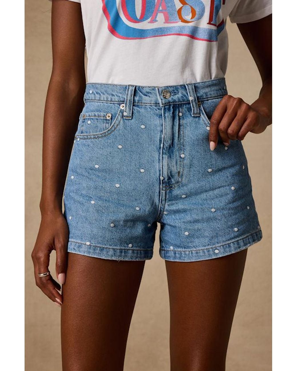 Daze Denim Blue Knockout Medium Wash Polka Dot Denim Shorts