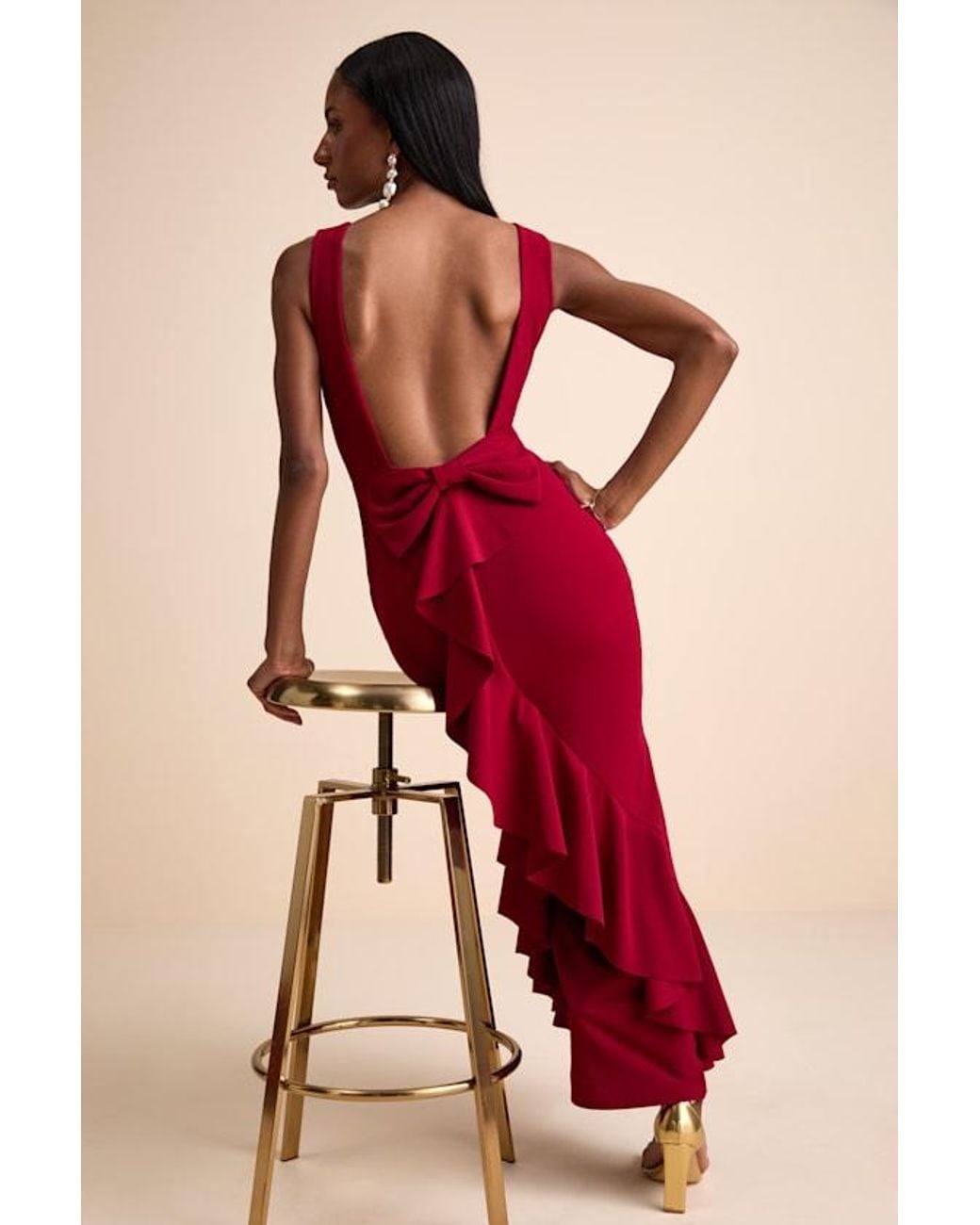 Lulus Red Exquisite Refinement Backless Bow Ruffled Maxi Dress