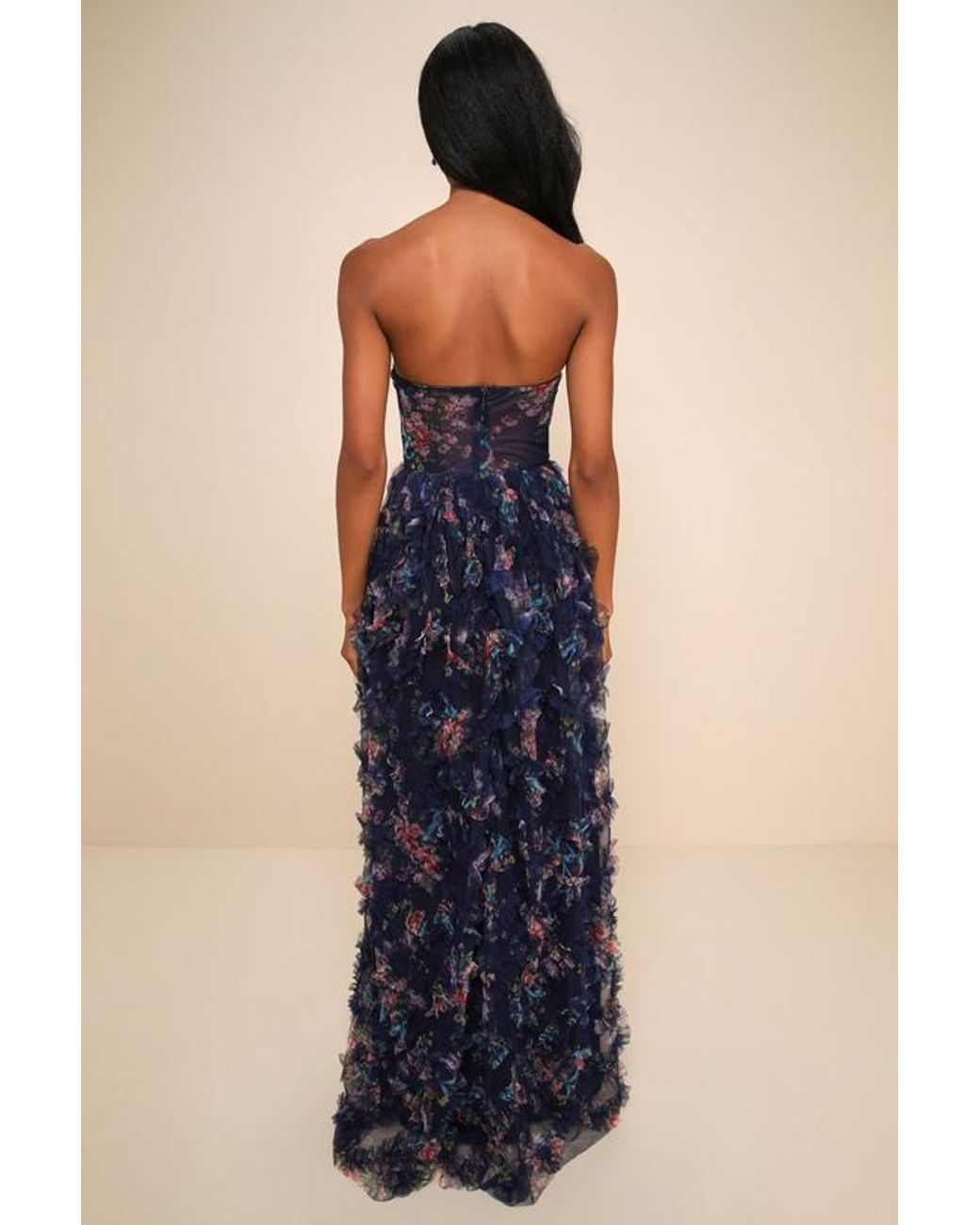 Lulus Blue Stunning Element Floral Mesh Ruffled Strapless Maxi Dress
