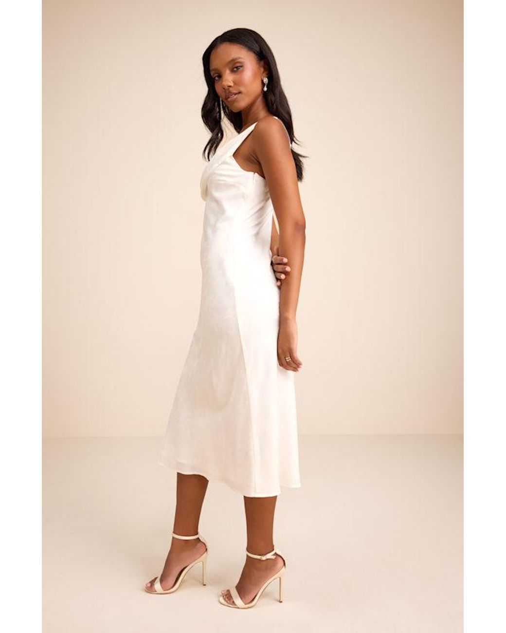 Lulus Natural Cavani Satin Asymmetrical Midi Dress