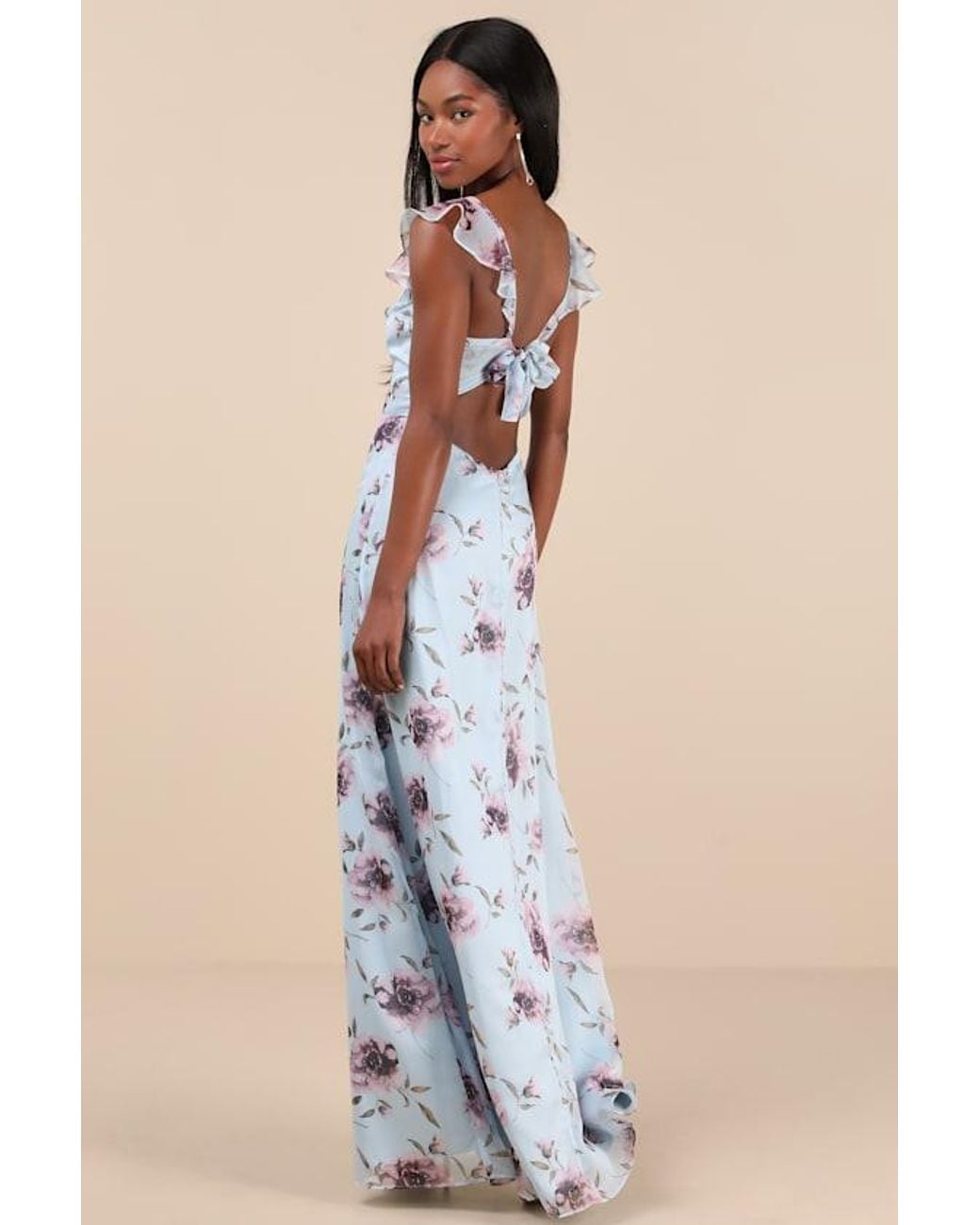Lulus Blue Sweetest Entrance Floral Ruffled Tie-Back Maxi Dress