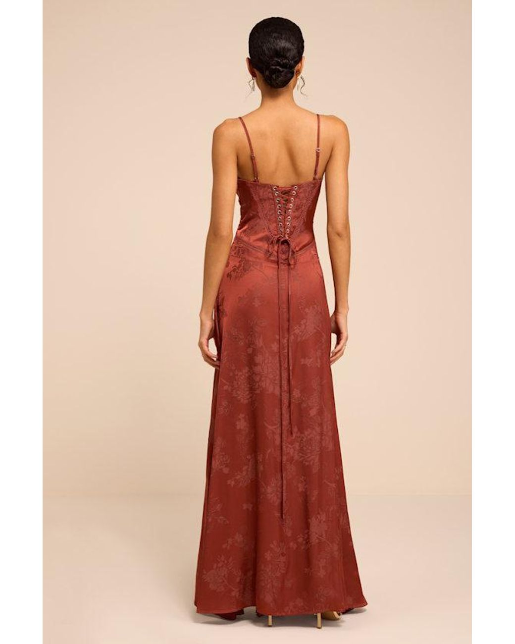 Lulus Red Elin Rust Floral Jacquard Lace-Up Maxi Dress