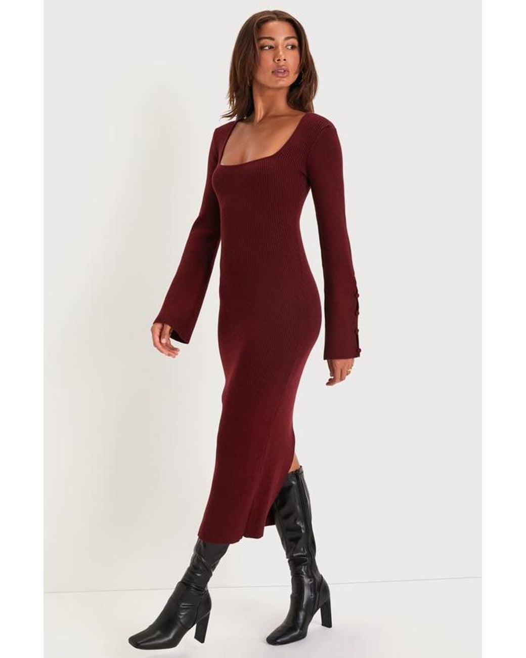 Lulus Red Classy Attitude Ribbed Square Neck Midi Sweater Dress