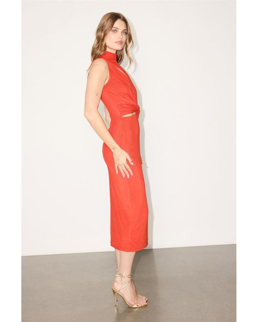 Lulus Red Kamara Mesh Cutout Knotted Midi Dress