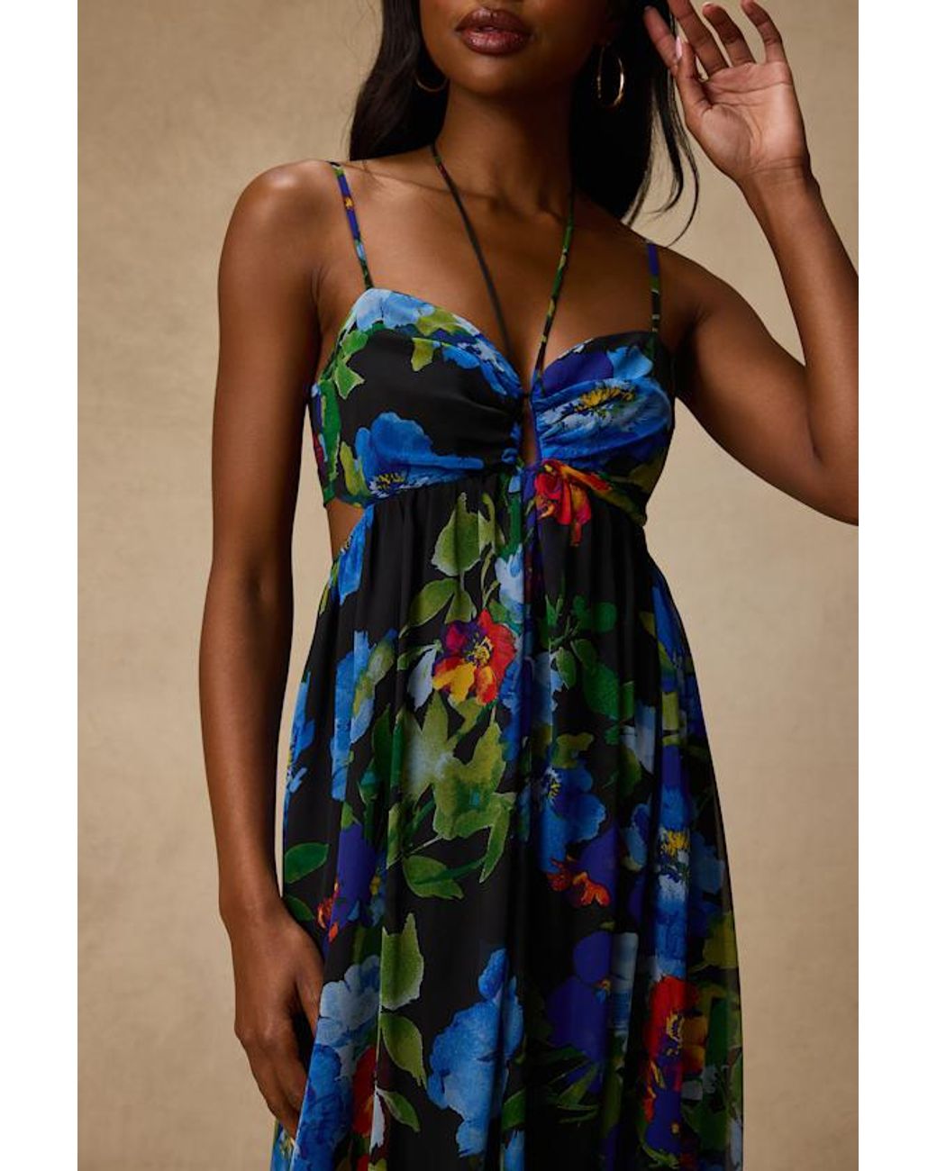 Lulus Blue Jenny Floral Print Strappy Tie-Back Maxi Dress
