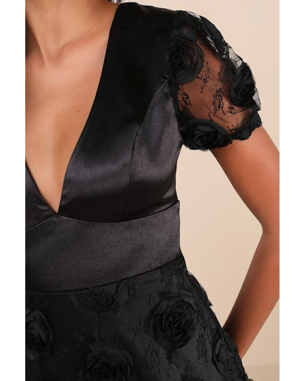 Lulus Black Gorgeous Elevation Lace Rosette Puff Sleeve Midi Dress