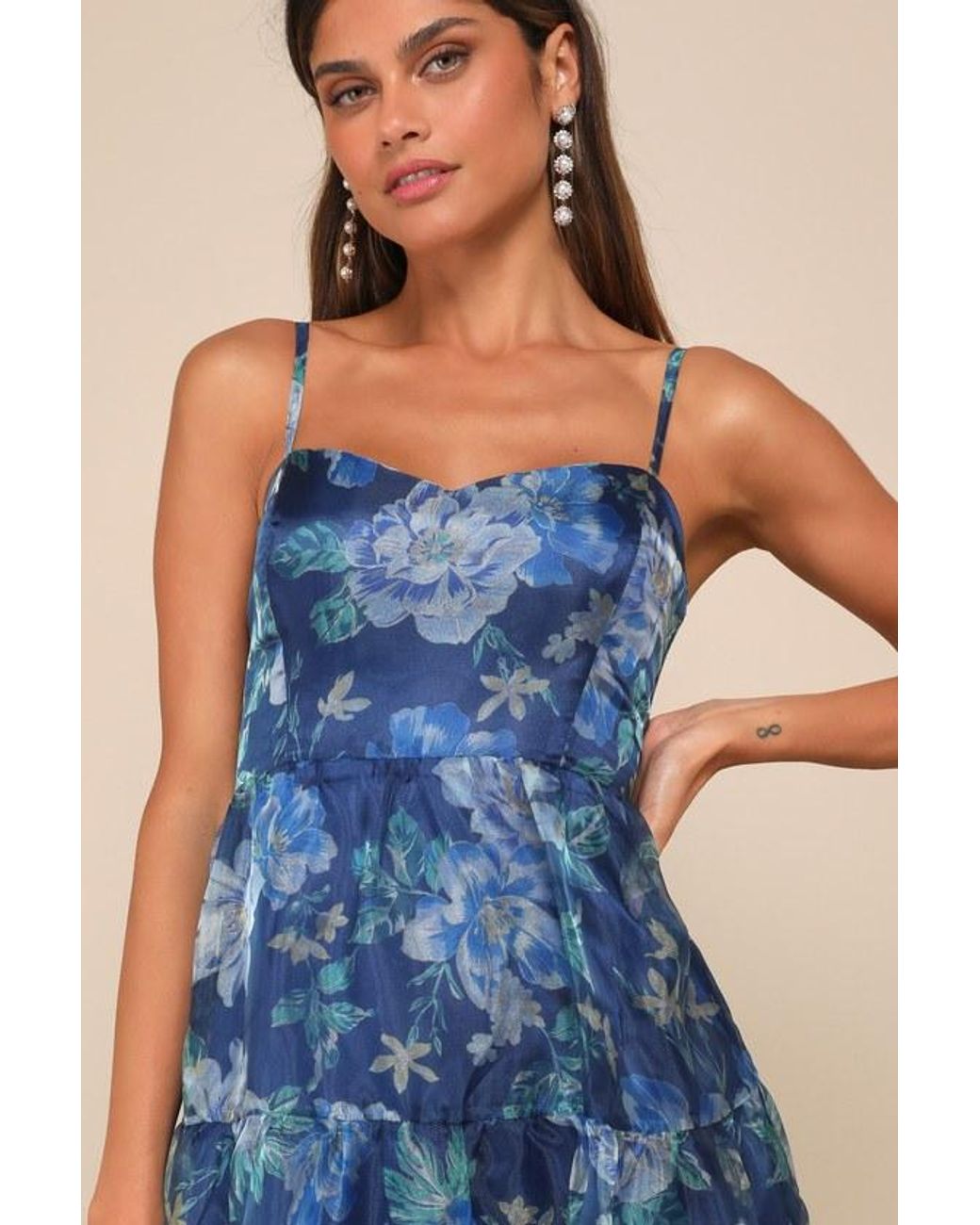 Lulus Blue Exclusive Glamour Floral Organza Tiered Maxi Dress