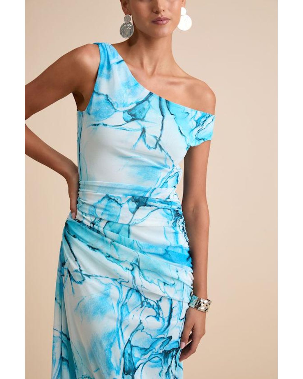 Lulus Blue Jojo Marbled Ruched One-Shoulder Maxi Dress