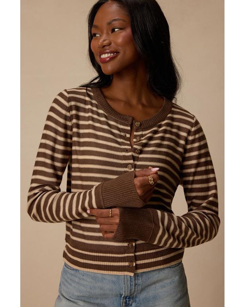 Lulus Brown Becky And Striped Button-Up Cardigan