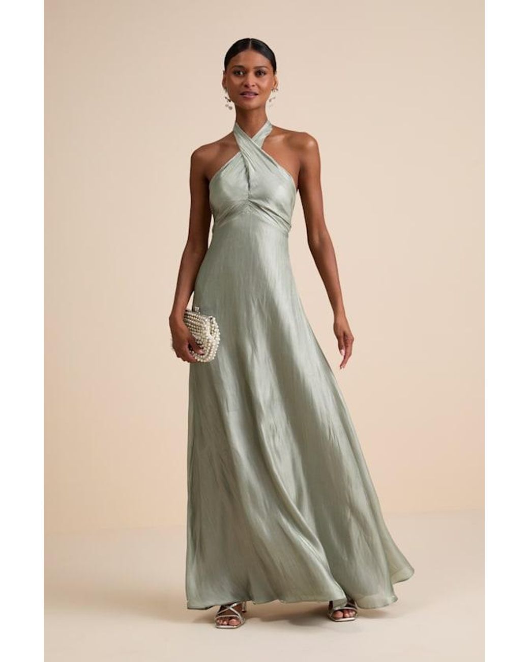 Lulus Canley Sage Satin Cross-Front Halter Maxi Dress in Natural | Lyst UK