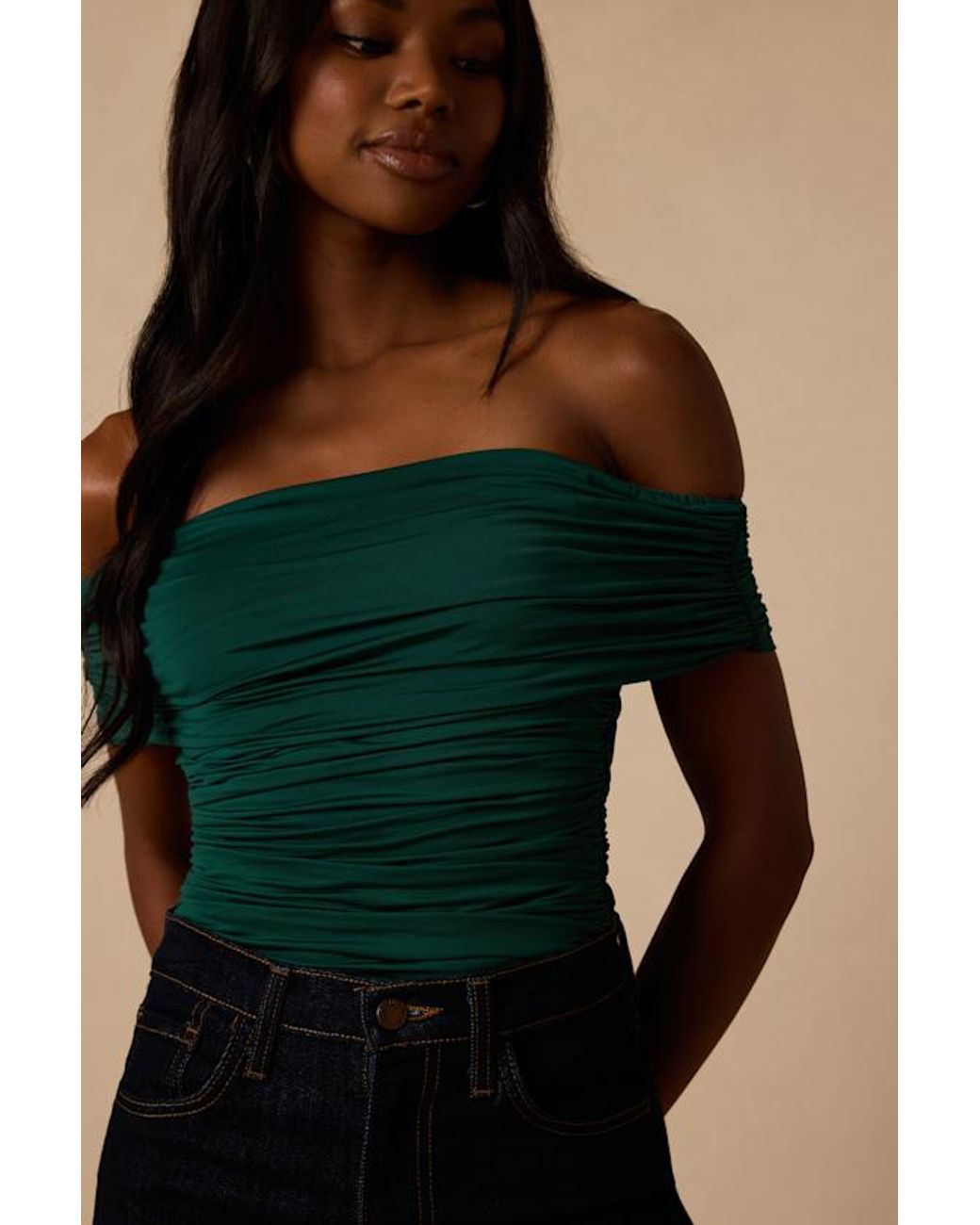 Lulus Green Jarena Ruched Off-The-Shoulder Top