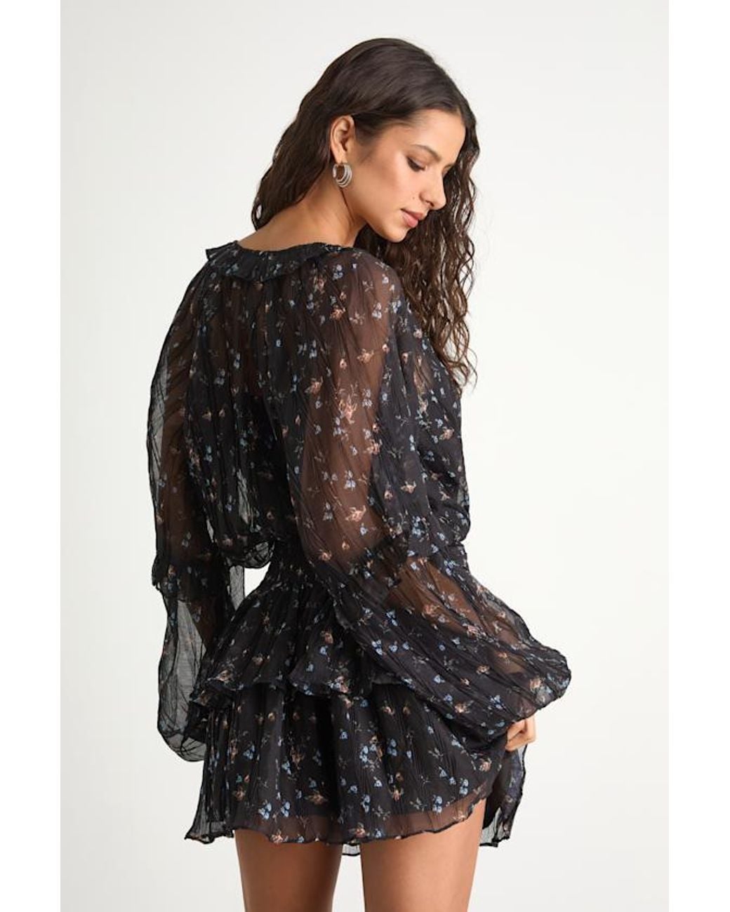 Lulus Black Christy Floral Button-Front Long Sleeve Mini Dress