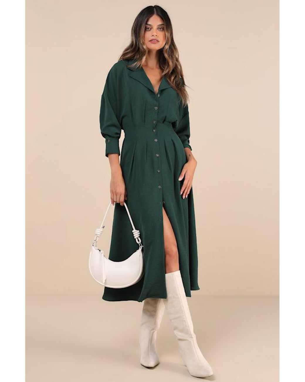Lulus Green Timeless Class Collared Button-Up Pleated Midi Dress