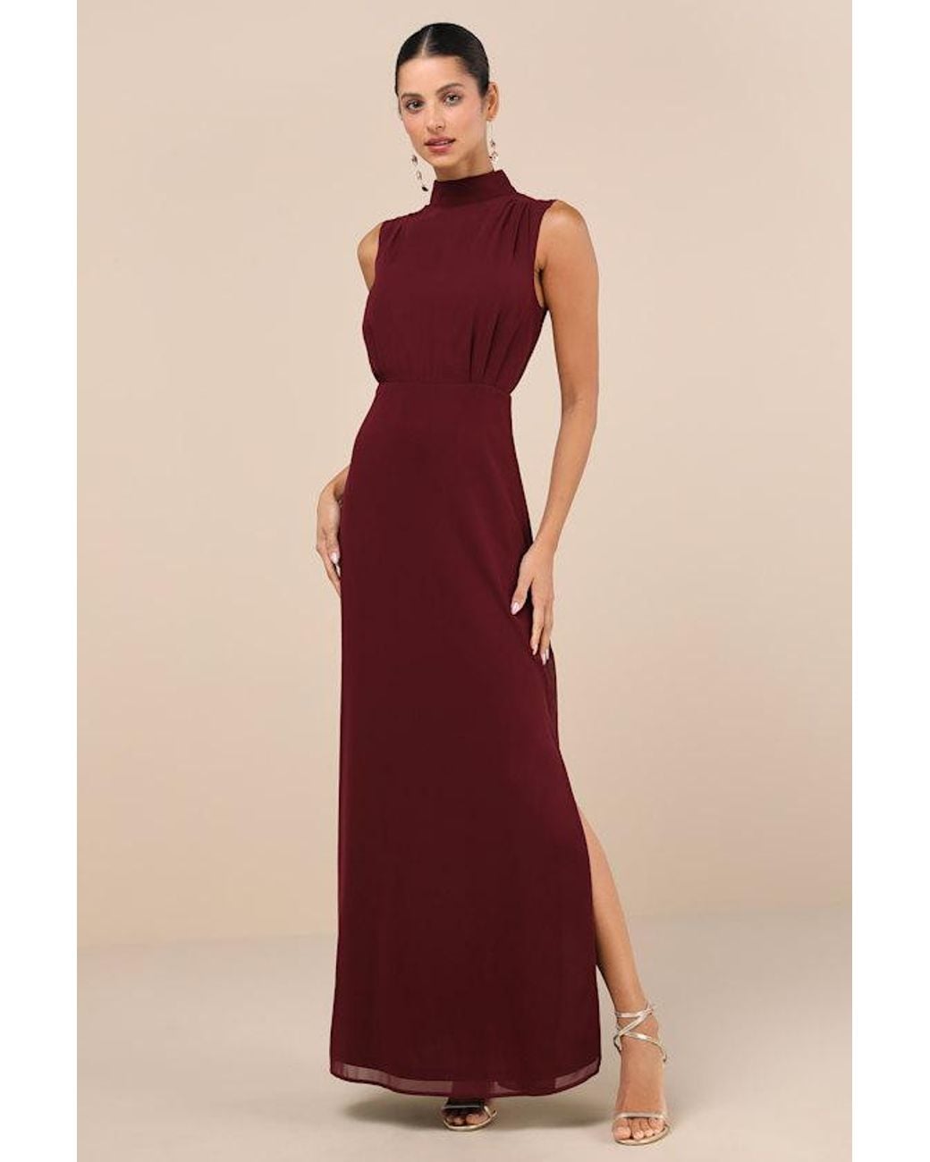 Lulus Red Classic Elegance Plum Chiffon Sleeveless Mock Neck Maxi Dress