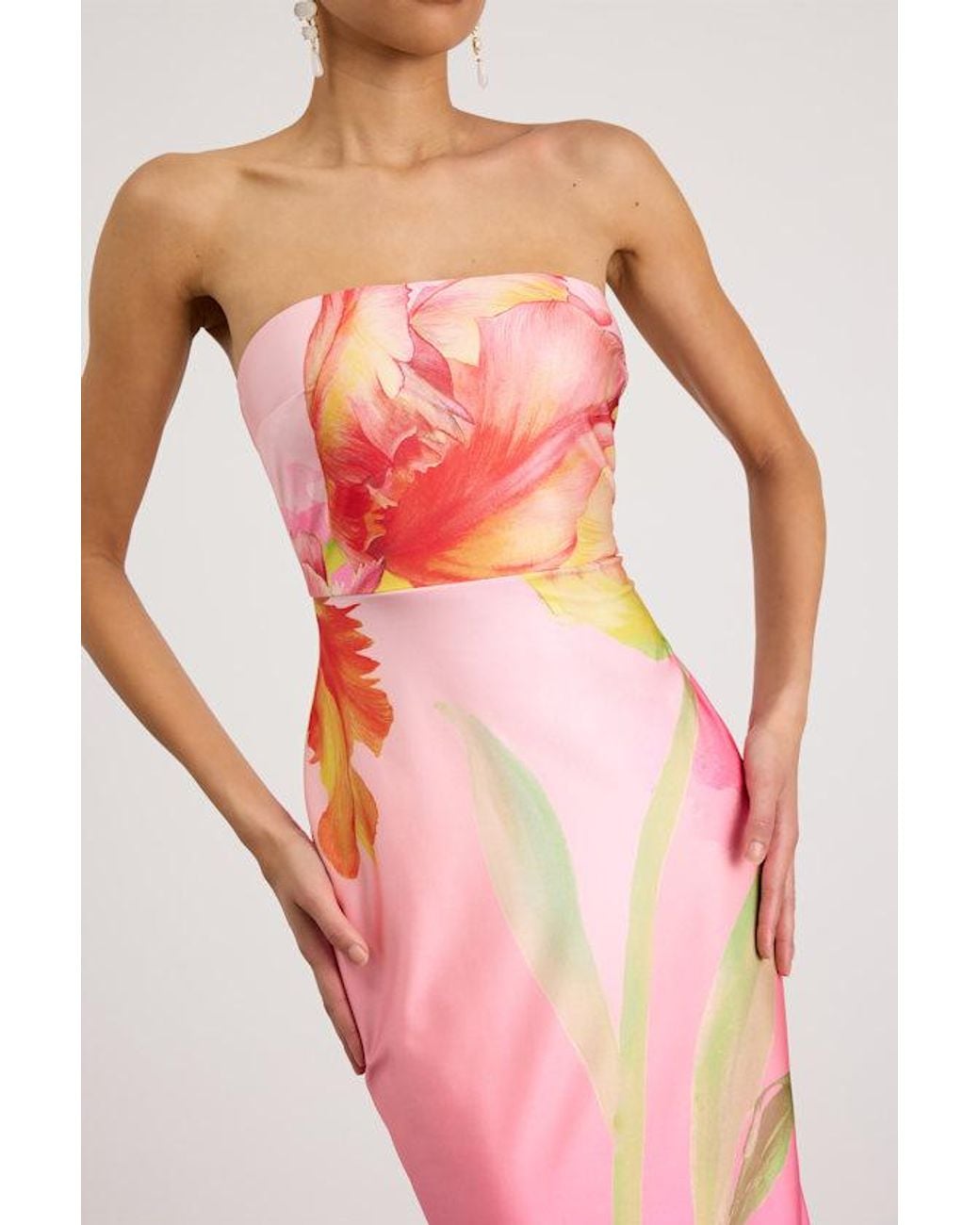 Lulus Pink Anahi Multi Floral Satin Strapless Maxi Dress