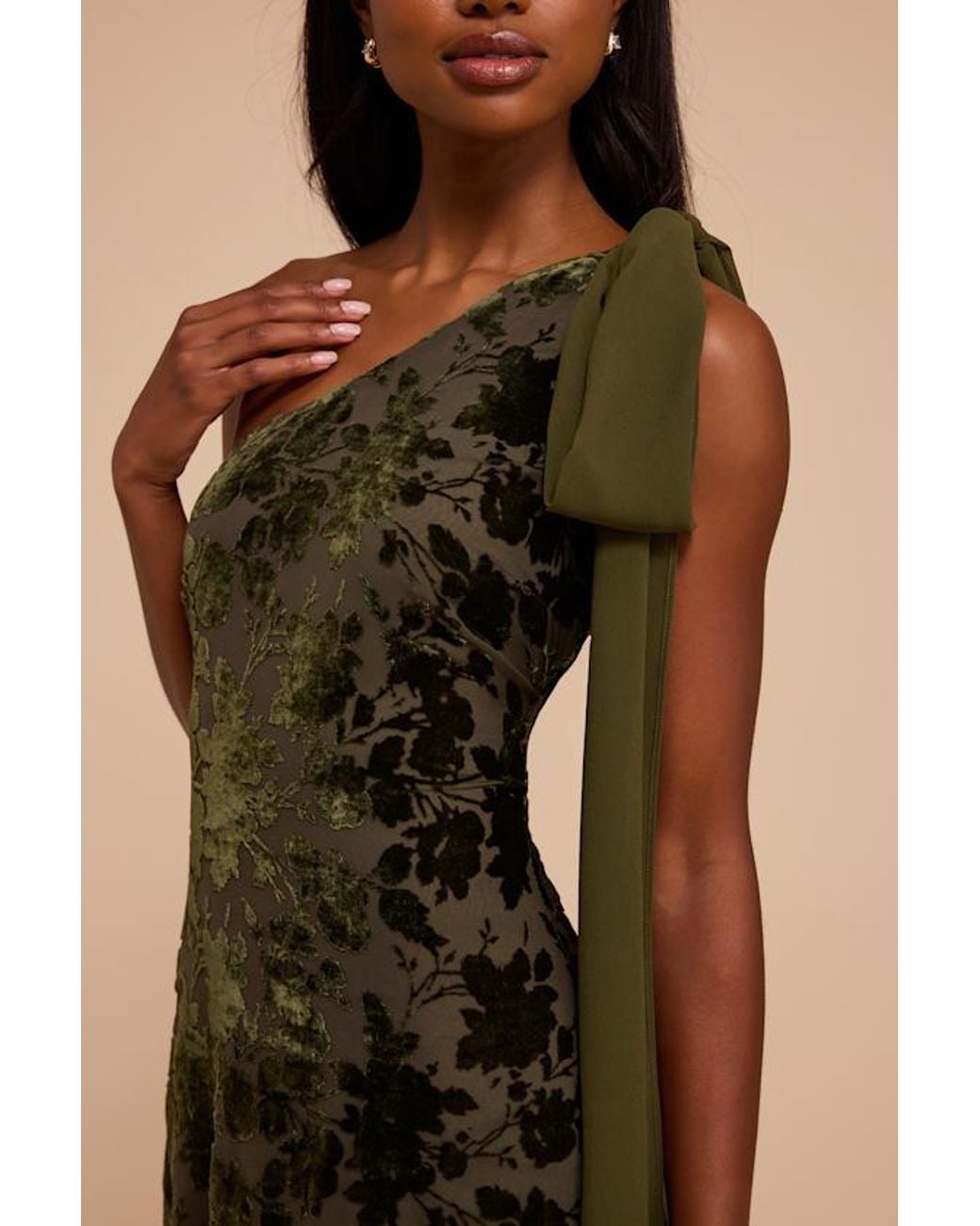 Lulus Natural Camellia Burnout Velvet One-Shoulder Bow Maxi Dress