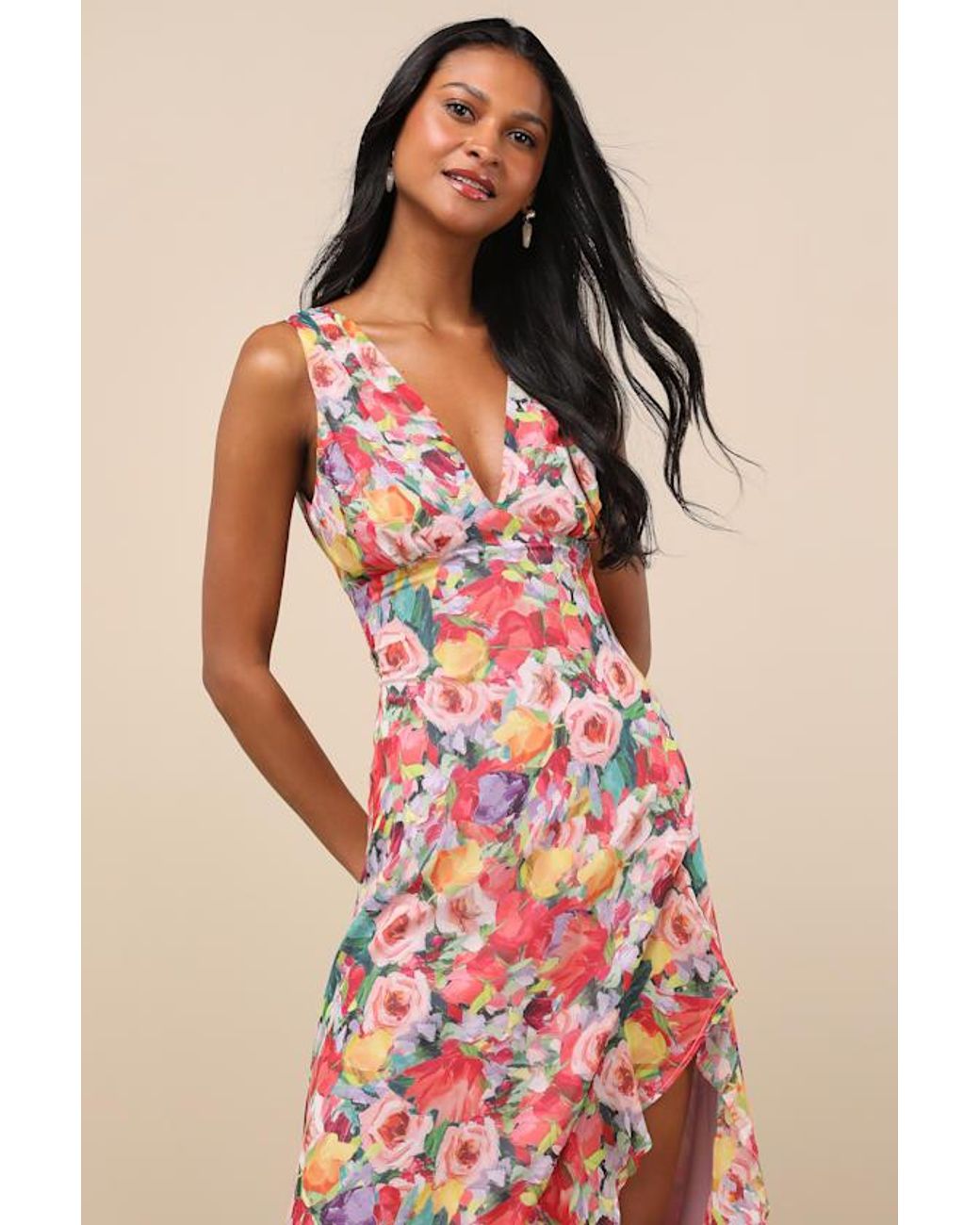 Lulus Pink Laraline Multi Floral Ruffled Cowl Back Maxi Dress