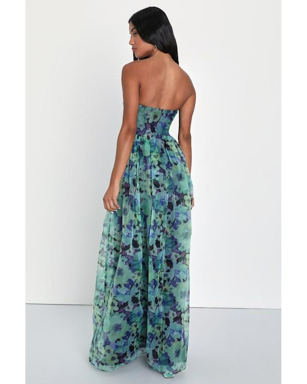 Lulus Blue Wonderful Waltz Floral Print Strapless Bustier Maxi Dress