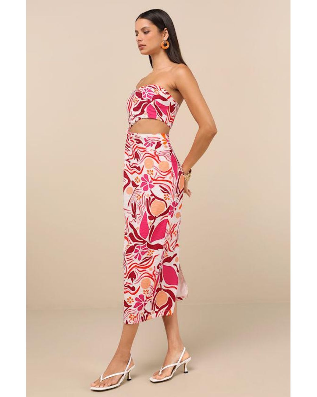 Lulus Pink Zisel And Floral Cutout Strapless Midi Dress