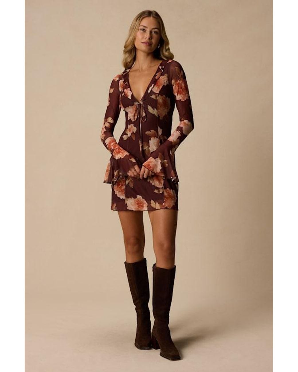 Lulus Brown Hayden Multi Floral Mesh Mini Dress