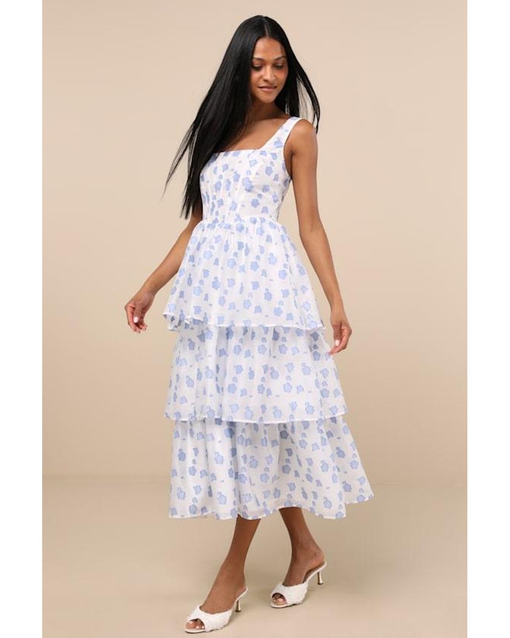 Lulus Multicolor Sweet Potential And Floral Burnout Tiered Midi Dress