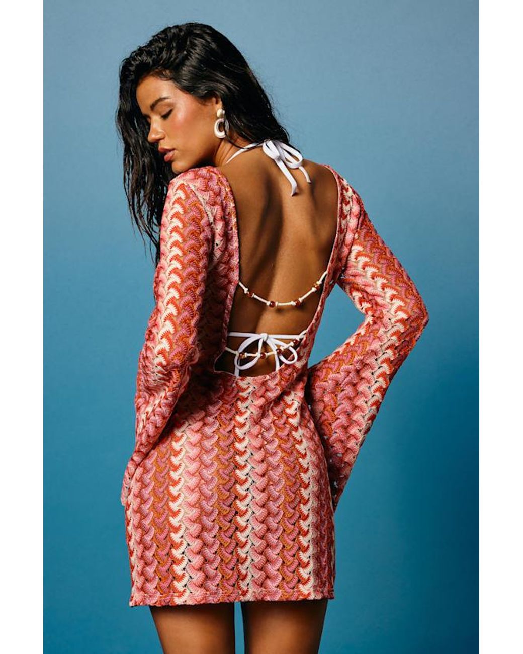 Lulus Blue Valestra Striped Crochet Long Sleeve Swim Cover-Up Dress