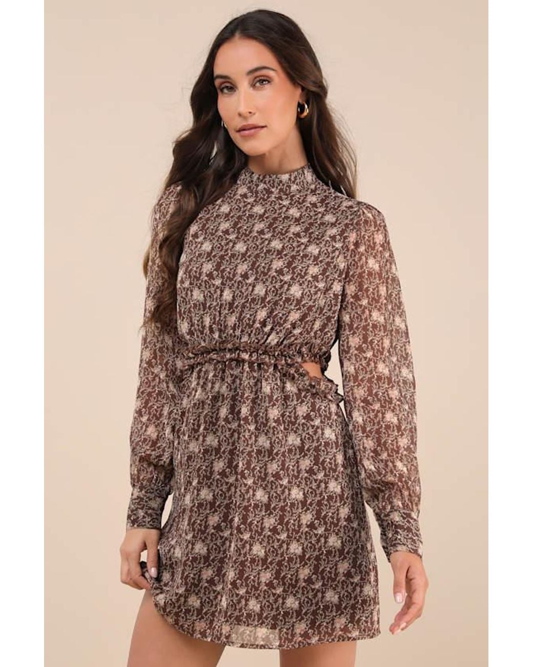 Lulus Brown Autumn Bliss Floral Print Long Sleeve Cutout Mini Dress