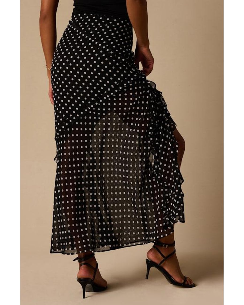 Lulus Black Alicia Polka Dot Ruffled Maxi Skirt