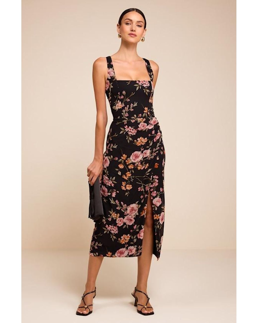 Lulus Black Lesina Floral Sleeveless Midi Dress