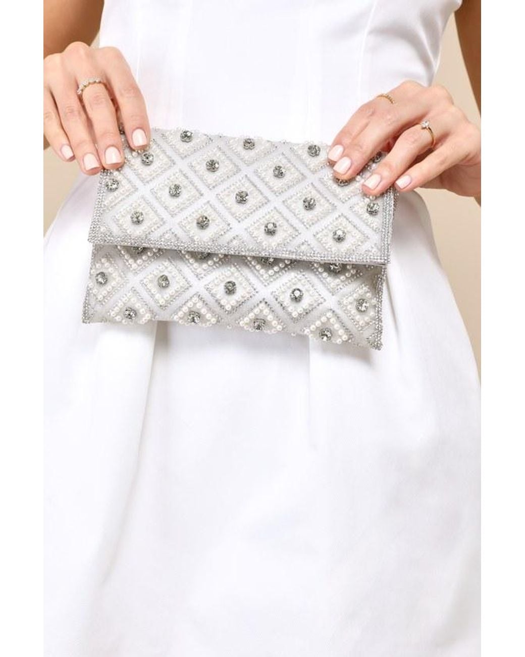 Lulus Natural Sparkly Passion Rhinestone Pearl Clutch
