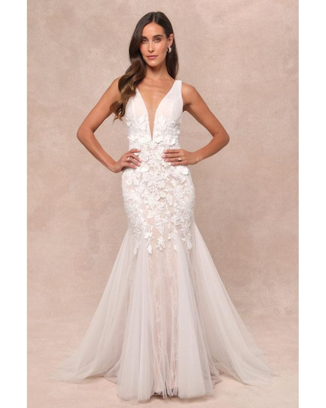 Lulus Exceptional Vow Tulle Lace Applique Mermaid Maxi Dress in Natural |  Lyst