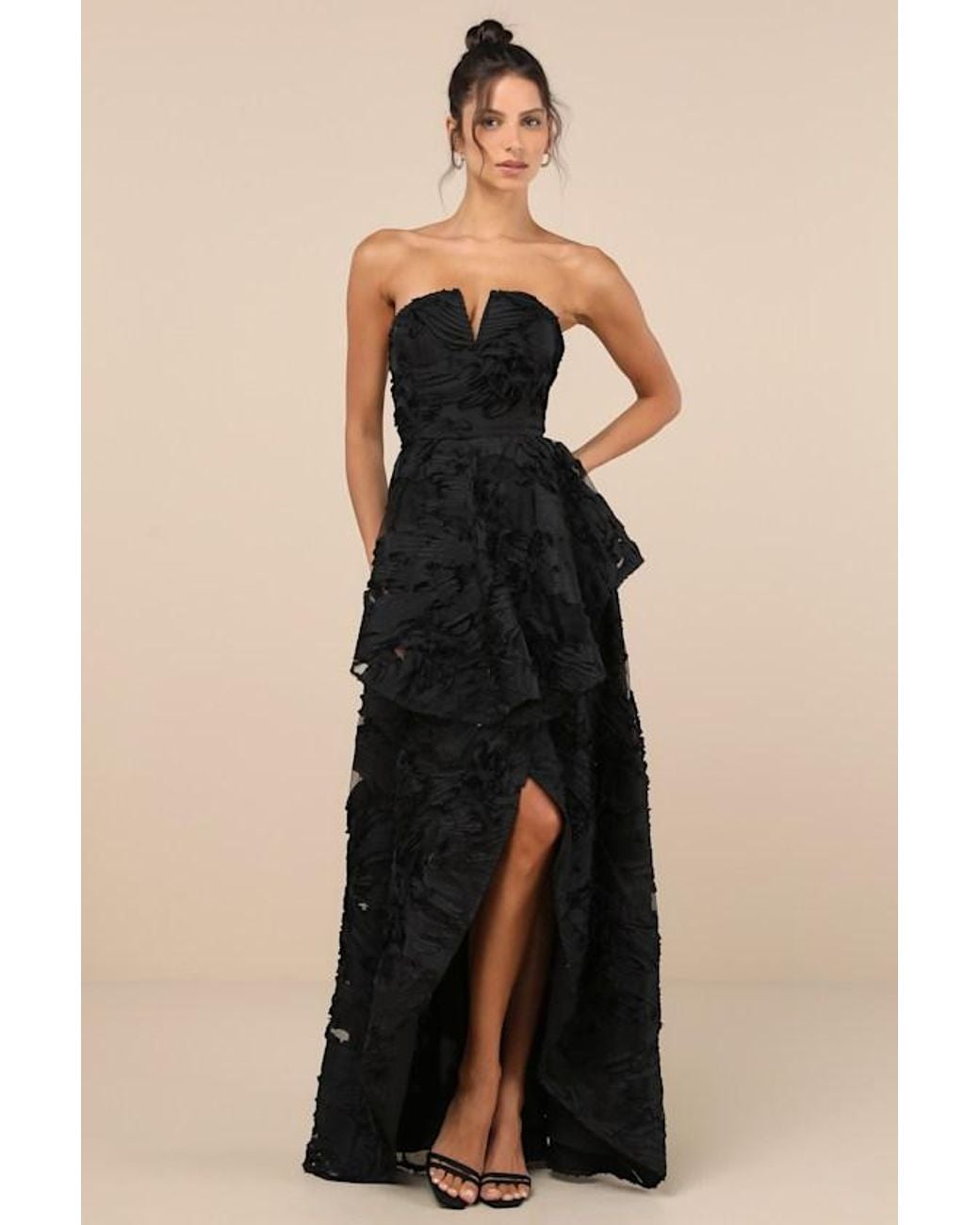 Lulus Black Majestic Glam Strapless Textured High-Low Maxi Dress