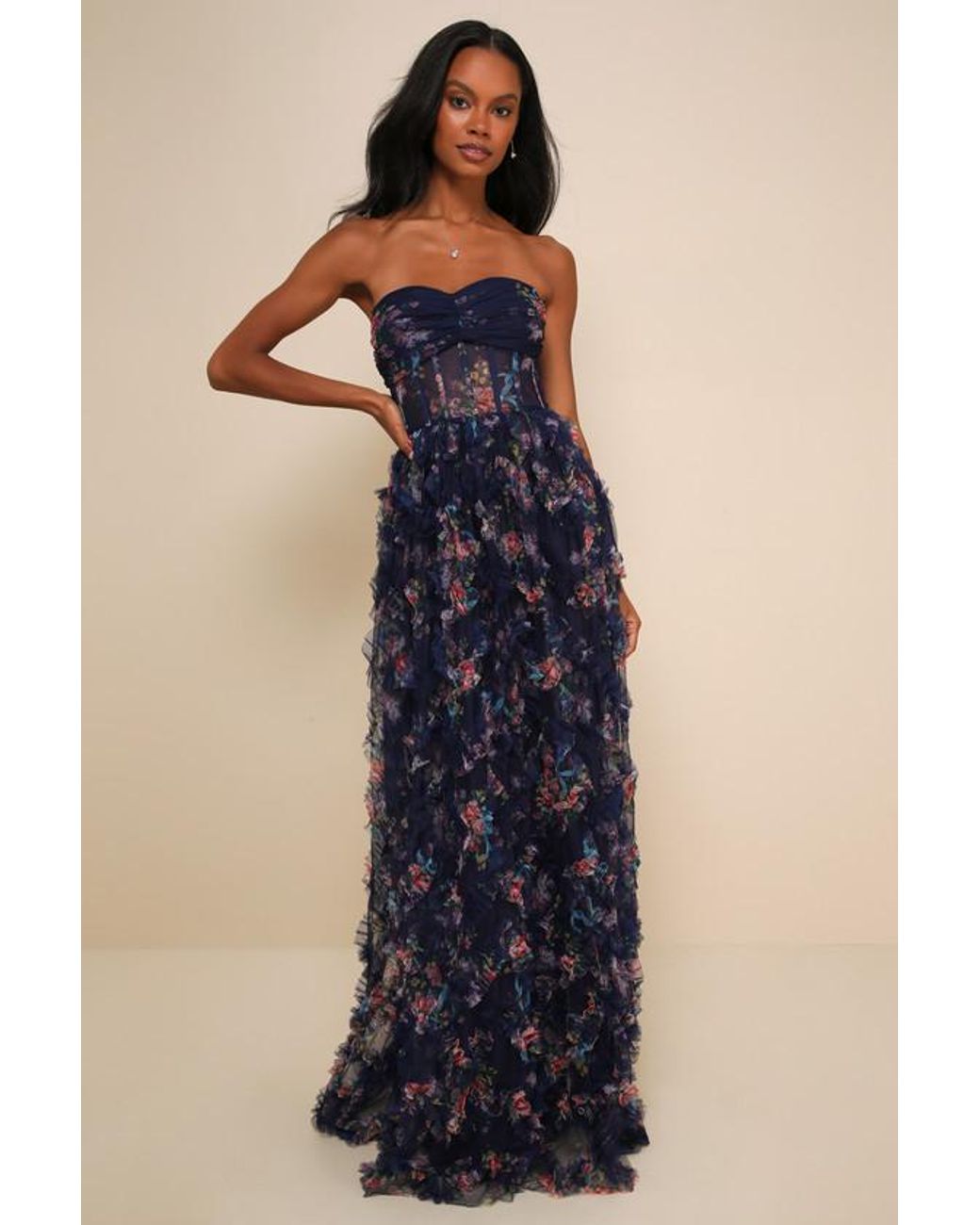 Lulus Blue Stunning Element Floral Mesh Ruffled Strapless Maxi Dress