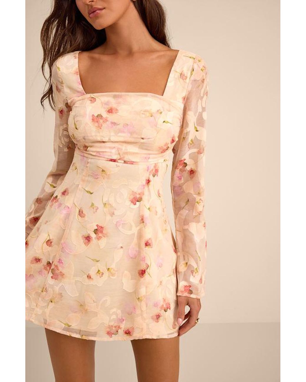 Lulus Natural Rieti Cream Floral Burnout Long Sleeve Mini Dress