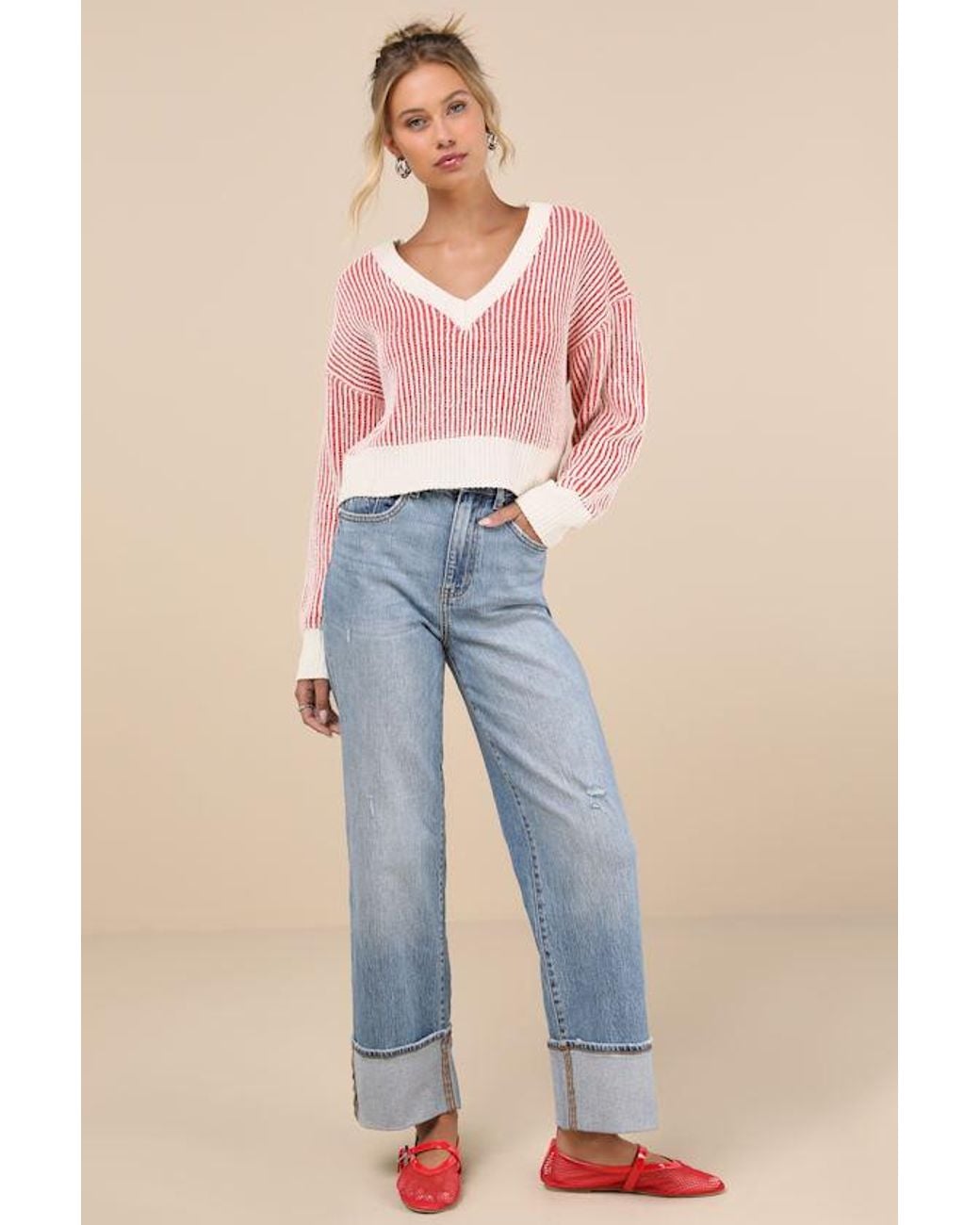 Lulus Pink Attractively Cozy Striped V-Neck Pullover Sweater