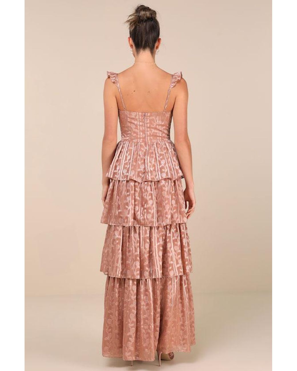 Lulus Pink Stunning Glory Dusty Floral Jacquard Tiered Maxi Dress