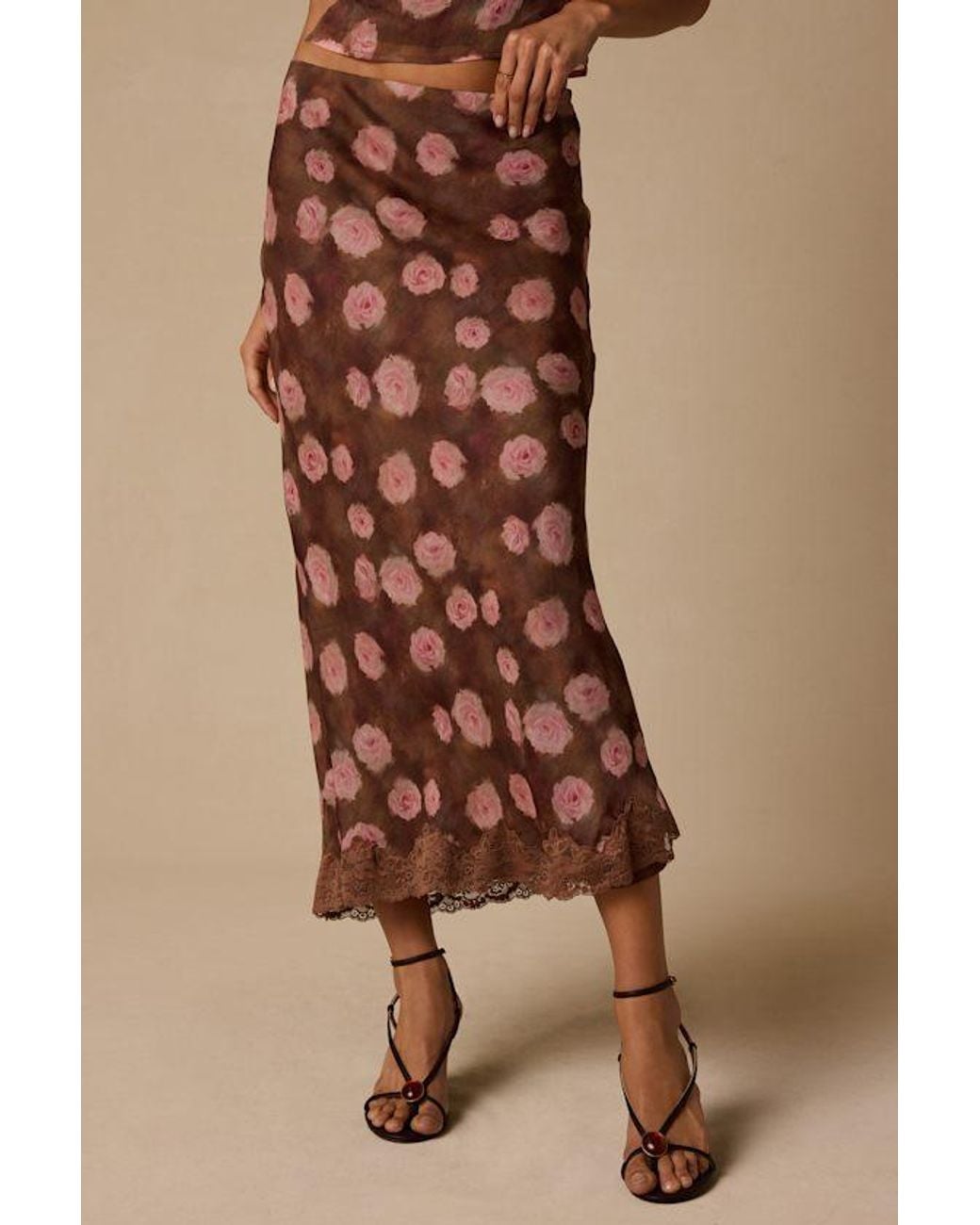 Lulus Natural Neva Floral Slip Midi Skirt