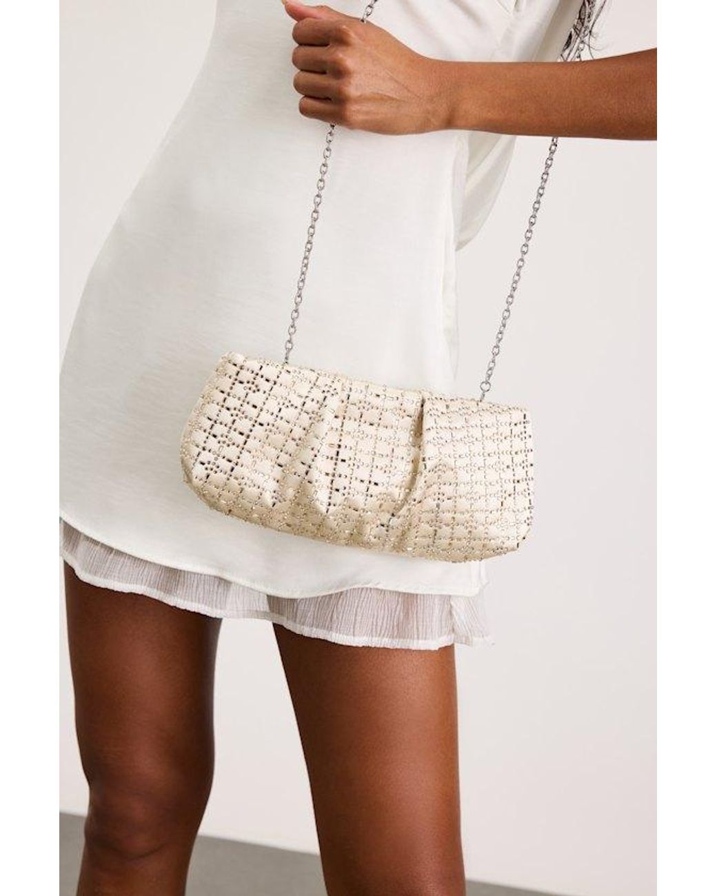 Lulus White Blaney Satin Rhinestone Crossbody Clutch