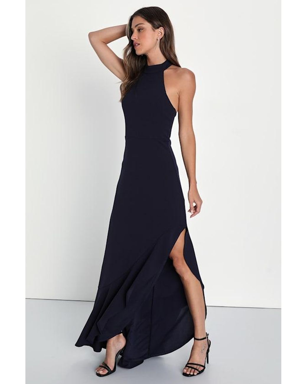 Lulus Blue Majestic Perfection Ruffled Halter Maxi Dress