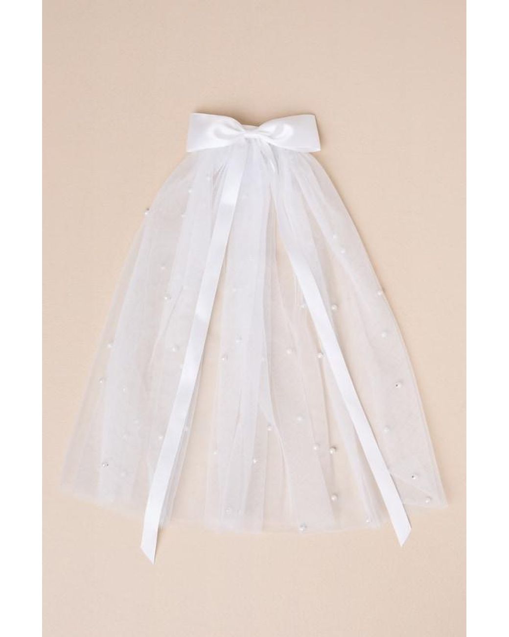 Lulus White Beautiful Promise Satin Bow Pearl Mesh Veil