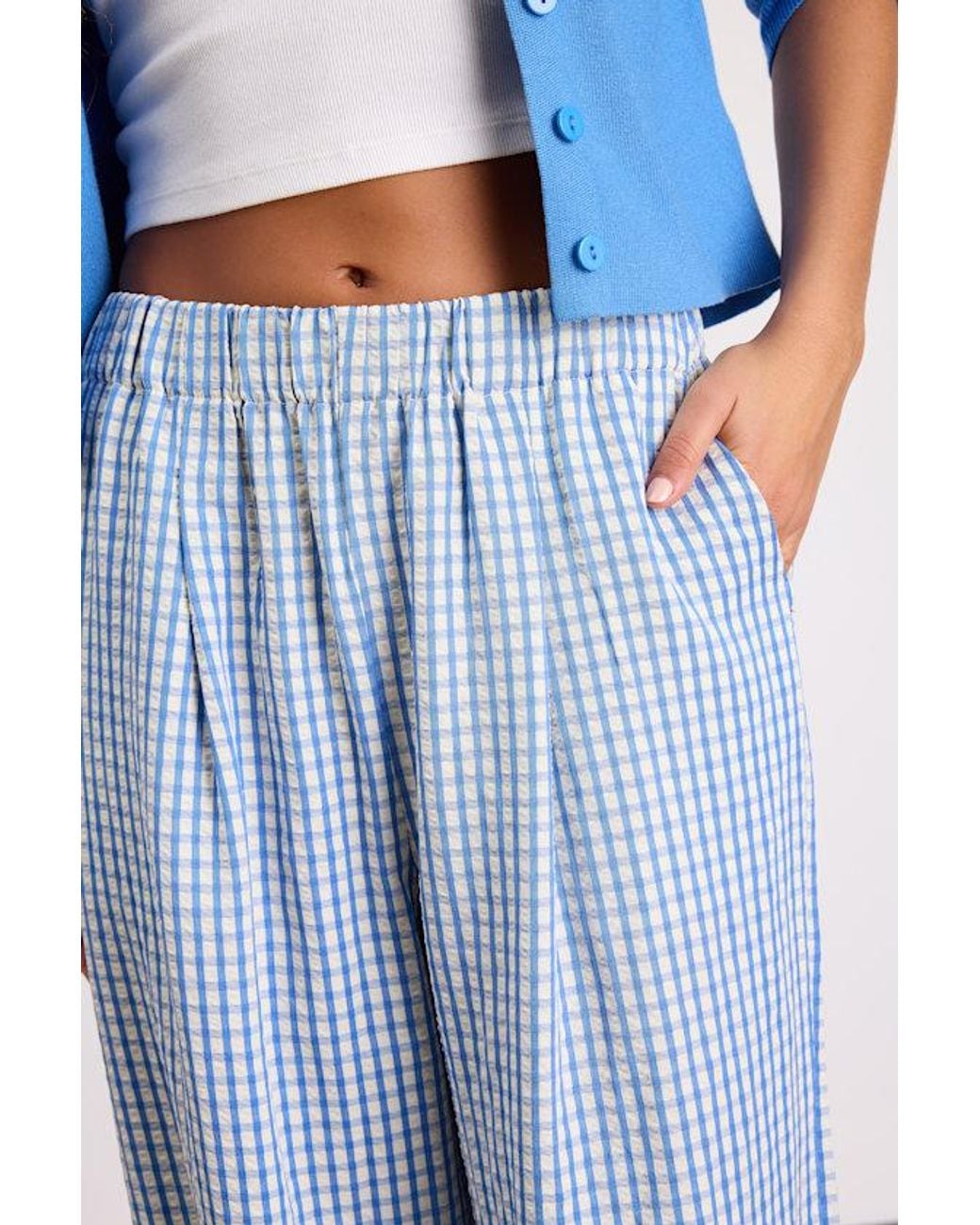 Lulus Blue Tilly Gingham Mid-Rise Wide-Leg Pants