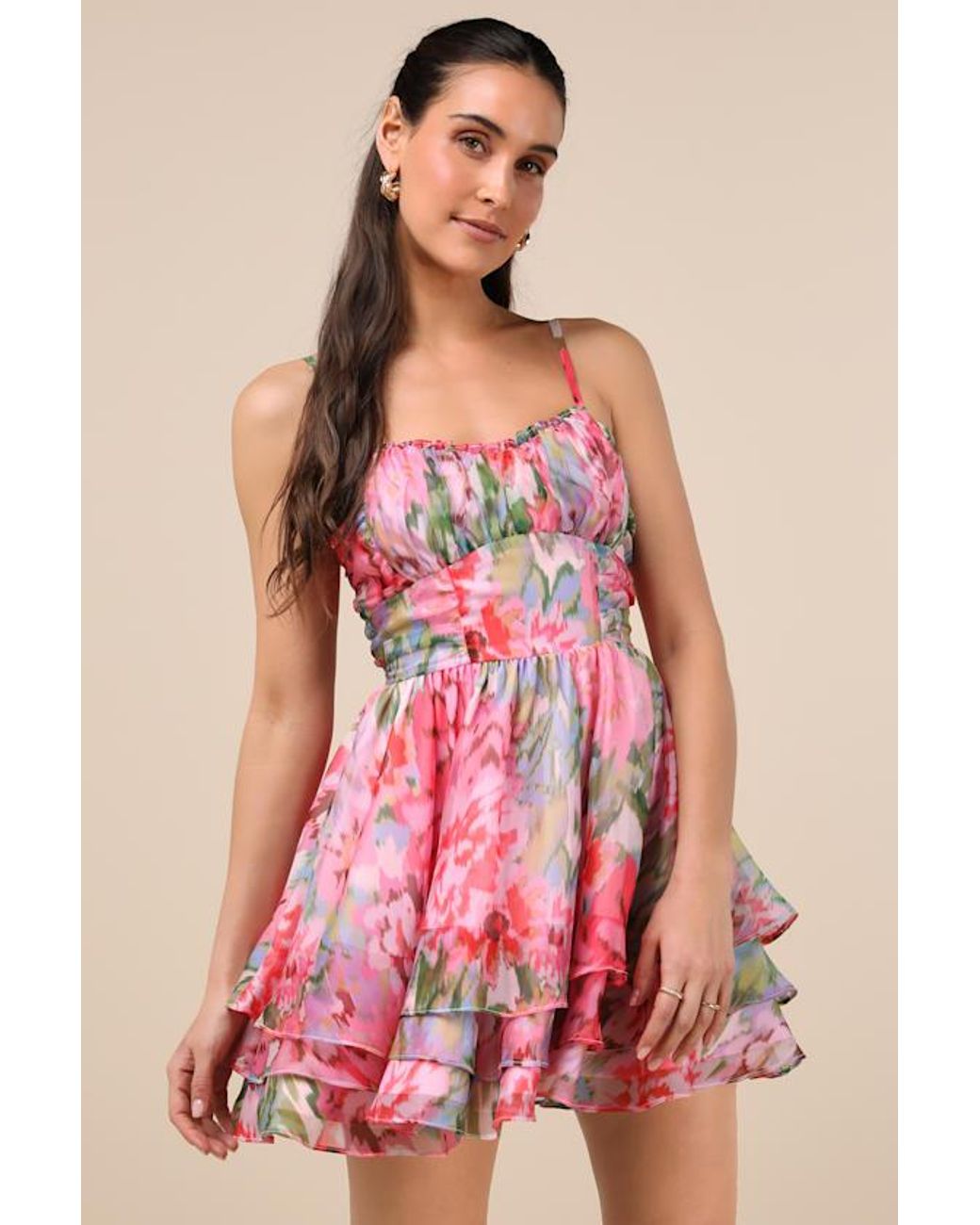 Lulus Evonne Abstract Floral Tiered Mini Skater Dress