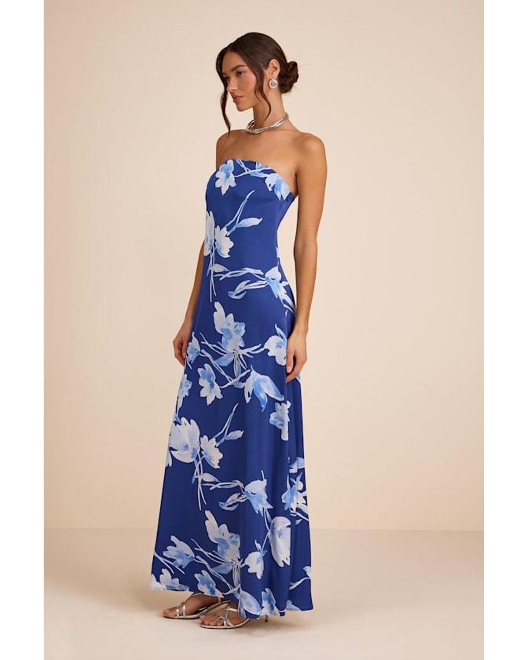 Lulus Blue Arisa Floral Satin Strapless Maxi Dress