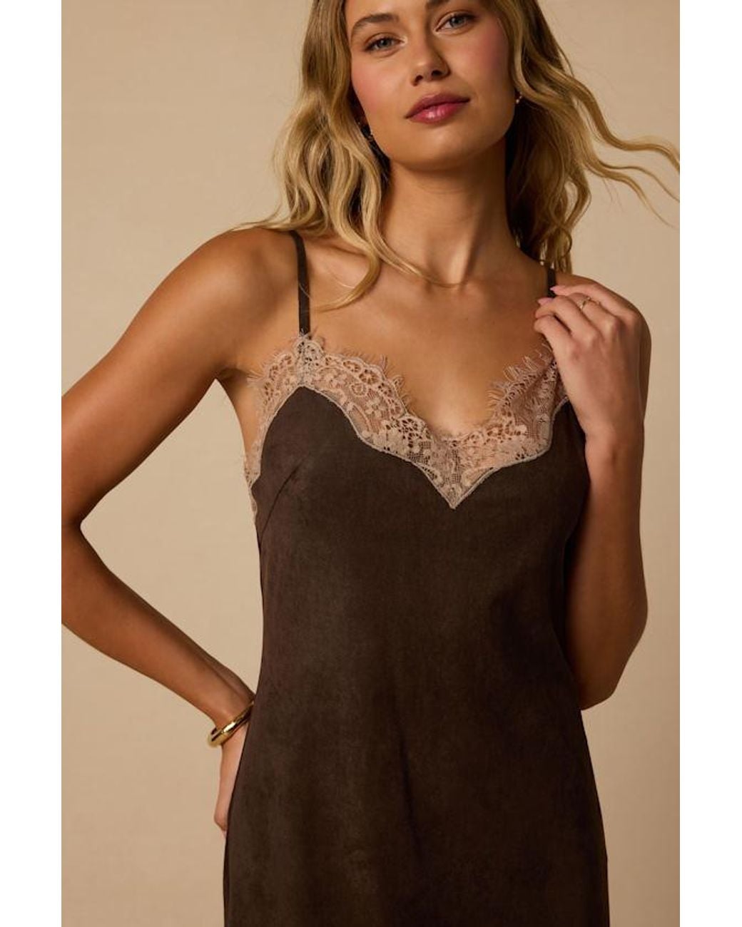 Lulus Natural Paige Suede Lace Midi Dress
